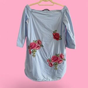 Zara Woman XS Off the Shoulder PIn Striped‎ Embroidered Cotton Blend Mini Dress